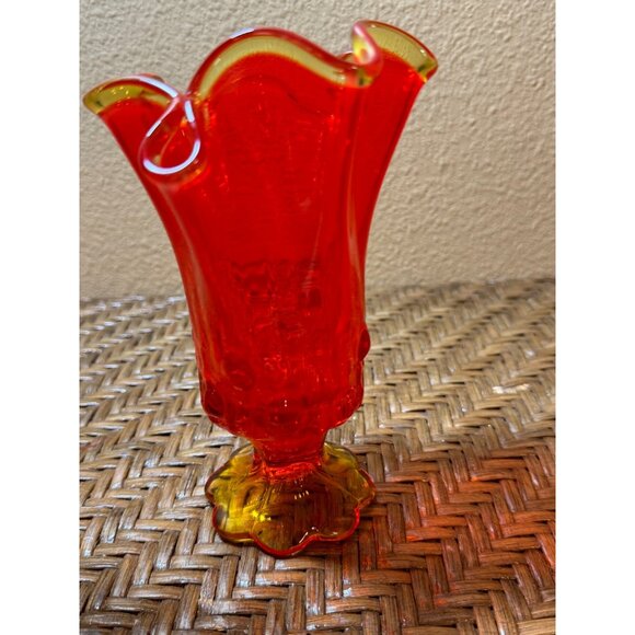 Vintage Fento Amberina  Glows Glass Vase Ruffle Edge Glows Pedestal Base Roses - Picture 4 of 10